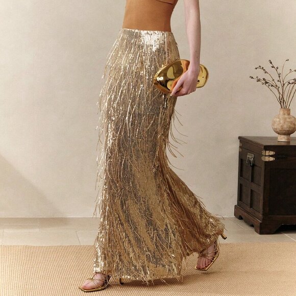 Gold Party Women's Sequin Fringe Mermaid maxi skirt - Picture 1 of 7
